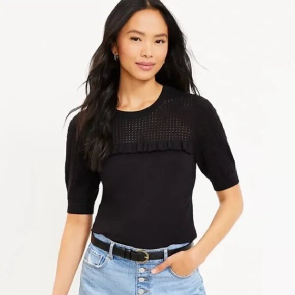 LOFT Pointelle Yoke Ruffle Trim Sweater Tee Black NWT Large Boho Cottagecore - Picture 1 of 8